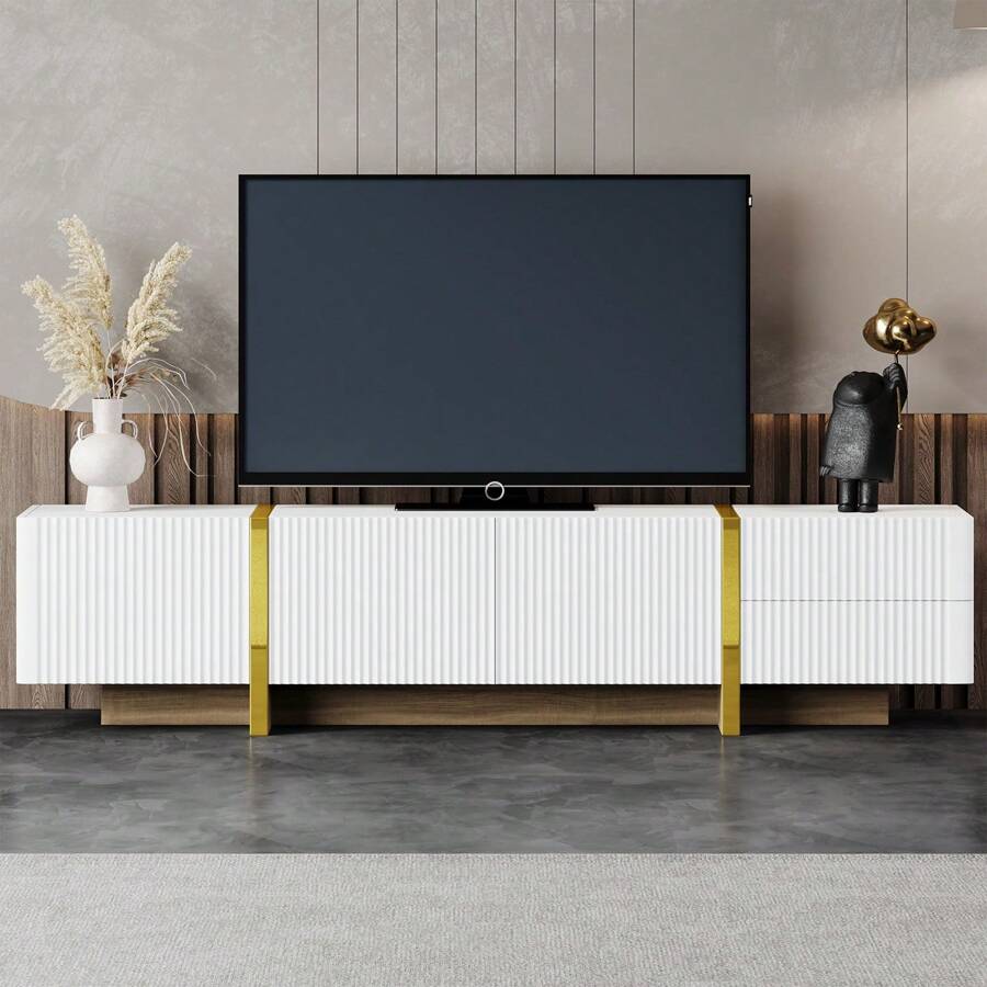 MERAX Luxury Fluted TV Stand For TVs Up To 80'', Modern Entertainment Center With Storage Cabinets & Drawers, Smooth Media Console With Golden Wood Grain Legs For Living Room - 白色 - 查看 1