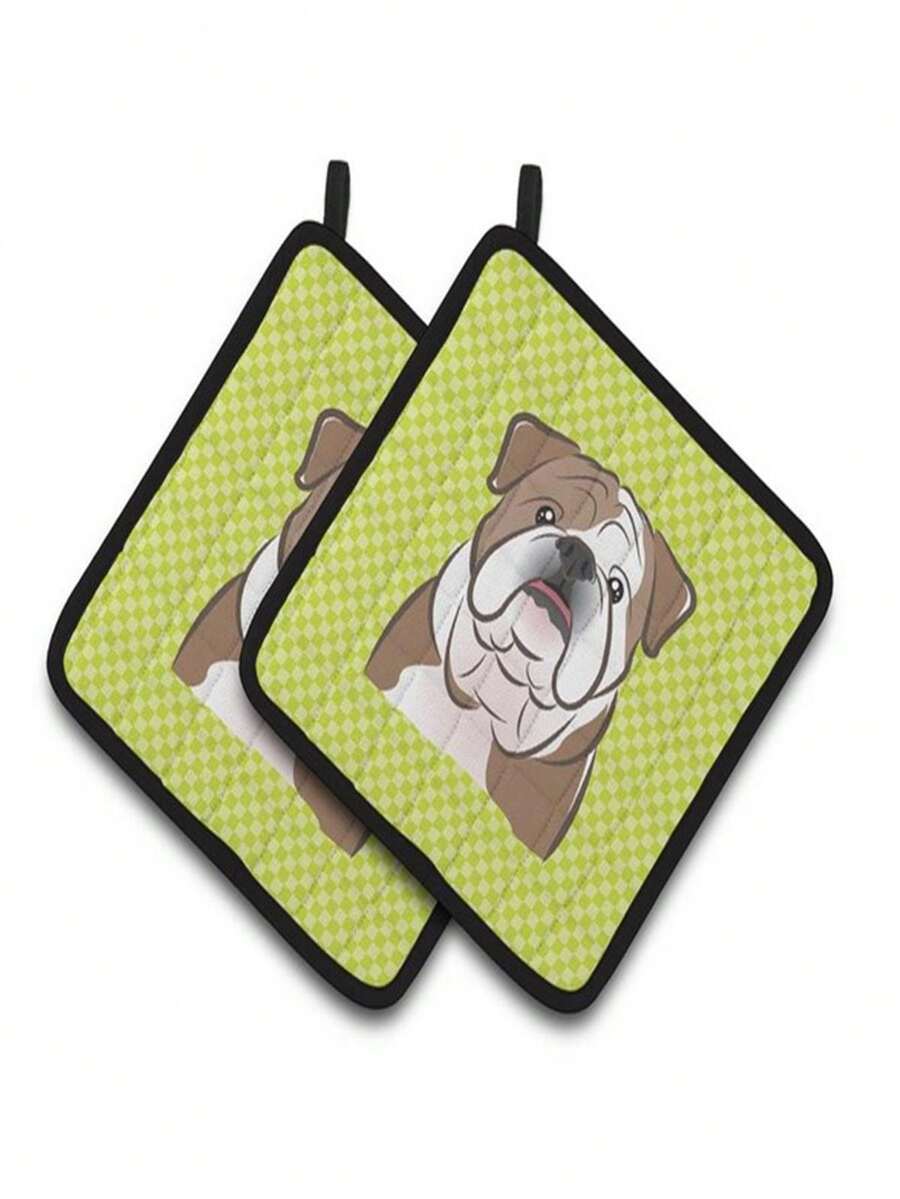 Carolines Treasures BB1281PTHD Checkerboard Lime Green English Bulldog Pair Of Pot Holders, 7.5 X 3 X 7.5 In. - màu xanh lá - Xem 1