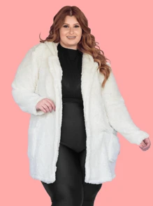 Women's PLUS SIZE Long Teddy Coat With Hood And Plush Pockets Inside And Out - White - View 6