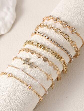 8 件/1 件时尚优雅铜镶嵌水钻花朵和蝴蝶银手链套装，适合女性日常佩戴、礼物、约会