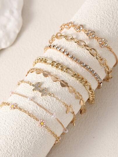 8pcs/1pc Elegant Copper Encrusted Multistone Rhinestone Flower & Butterfly Decor Bracelet Set, Suitable For Women's Daily Wear, Gift And Dating