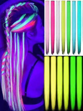 Random Colorful Glow In The Dark Hair Extensions Clip Luminous Colored Hairpieces Party Rainbow Hair Clips Synthetic Neon Wig Clips Highlight Hair Accessories For DIY Women Kids Girls, Music Festival Dance Floor Party Dress Up, Bar Concert, Beach Vacation Leisure Cruise Party, Gift To Friends, Nightclub Disco,Back To School Party, Halloween Party