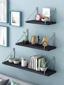 1pc Wall Mounted Bookshelf With Hook, No Hole Needed, Horizontal Type, Living Room Bedroom Tv Background Decor Shelf Storage Rack - 黑色 - 查看 1