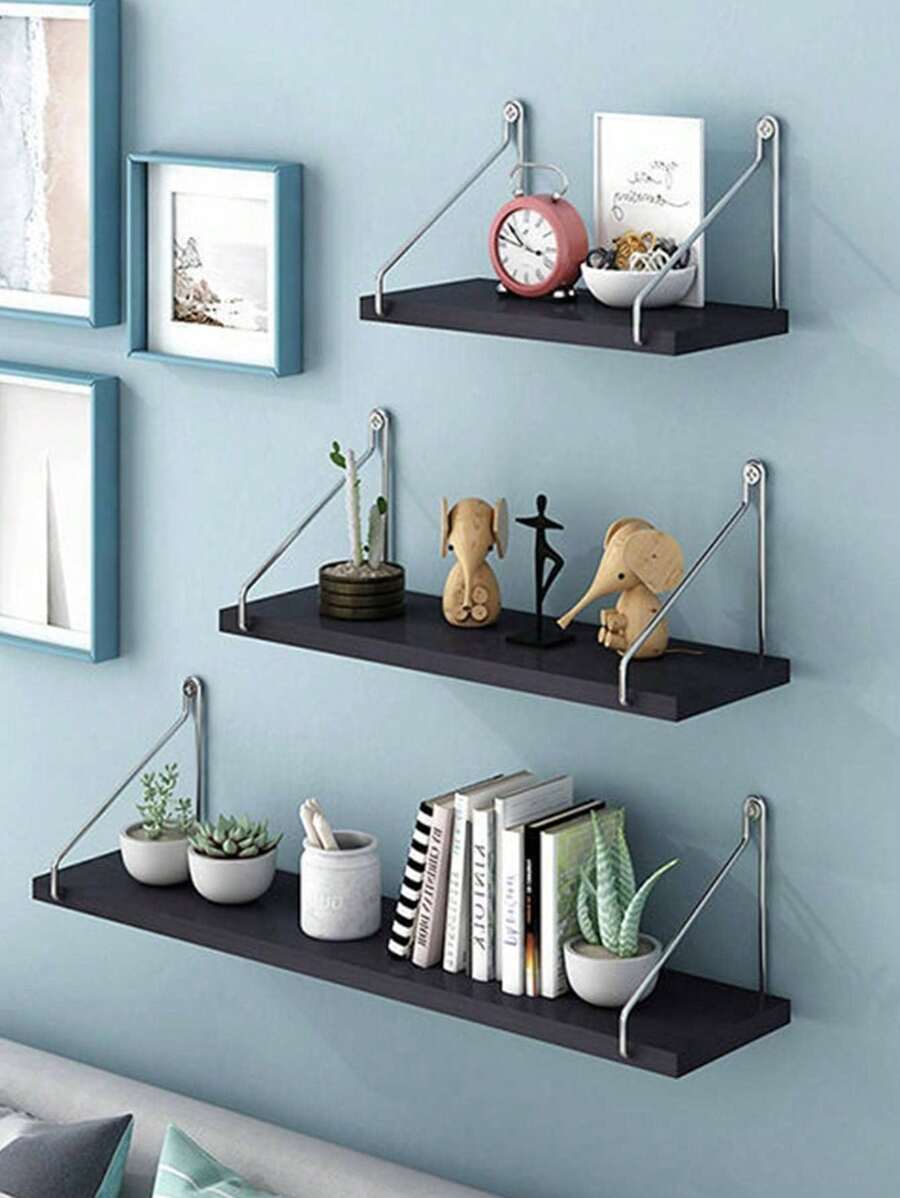 1pc Wall Mounted Bookshelf With Hook, No Hole Needed, Horizontal Type, Living Room Bedroom Tv Background Decor Shelf Storage Rack - 黑色 - 查看 1