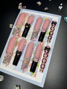 10 móng tay giả dài tự làm thủ công cho tiệc tùng và mặc hàng ngày, đá quý 3D, hoa, nơ, mèo và các yếu tố múa ba lê cho bé gái, dễ sử dụng 10 móng tay giả Y2K dài tự làm thủ công, đá quý nhân tạo sáng bóng, phong cách mùa xuân và mùa hè, thích hợp cho bé gái và phụ nữ, tiệc tùng lễ hội và mặc hàng ngày - màu đen - Xem 2