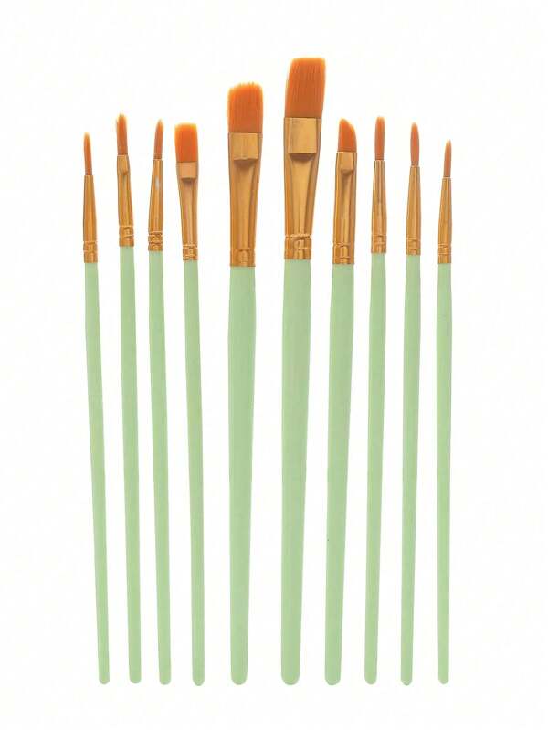 10pcs/Set Green Nylon Hair Watercolor Brush Set, DIY Oil Acrylic Painting Art Brushes, New Year Gift For Students & Office, Respectable Rock Canvas Artist Painting Brush, For Students & Adults Painting Art Crafts Supplies
