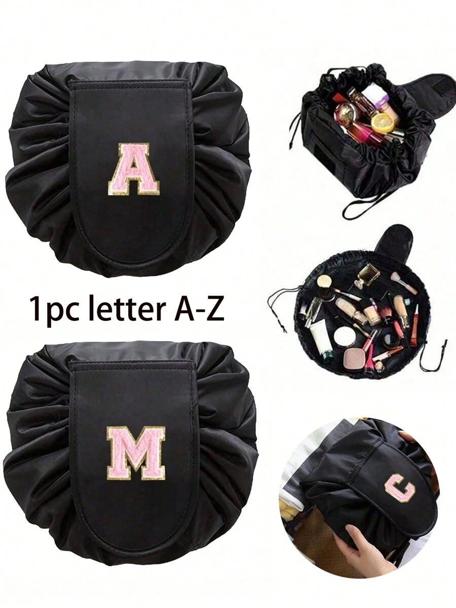 1 件女士时尚抽绳化妆包，时尚大容量化妆包，防水防潮，方便拿取，便携式抽绳包，粉色毛巾刺绣卫生间收纳袋，完美的旅行化妆收纳袋，字母A到Z，可以送给妈妈，家人，朋友，适合旅行，商务旅行，时尚大方化妆包化妆收纳袋化妆收纳袋