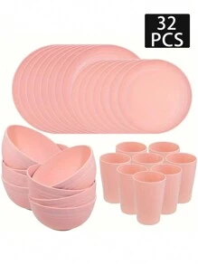 4/16/32pcs Grey Plastic Reusable Tableware Set, Including Plates, Bowls And Cups, Suitable For Home, Outdoor, Party And Picnic,Kitchen,Christmas Gift - Pink - View 7