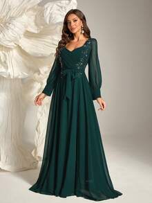心形领口水钻细节系带伴娘礼服，优雅长袖礼服，适合圣诞节 - 墨綠色 - 查看 3