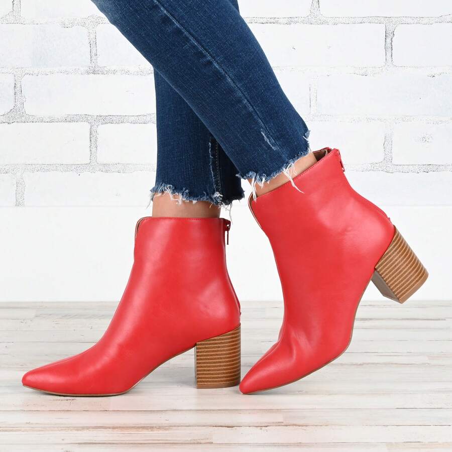 Womens Back Heel Zip Stacked Heel Booties - Đỏ - Xem 1