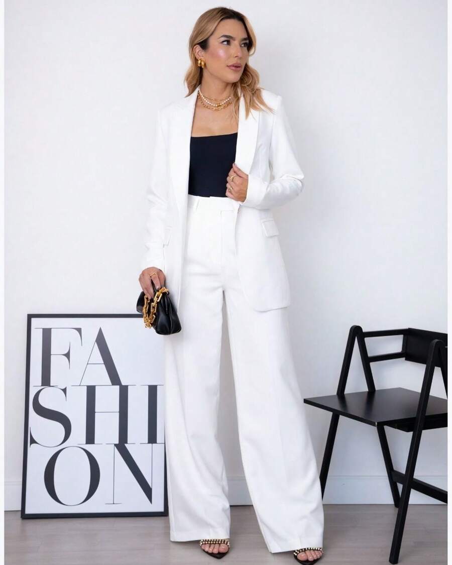 Conjunto Feminino Alfaiataria Blazer Alongado e Calça Pantalona - Branco - Visão 1