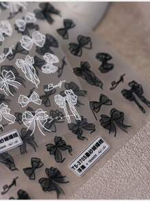 3D Embossed Black & White Lace Bow Nail Art Stickers - Self-Adhesive, Cartoon-Themed Decals For Diy Manicures, Phone Cases & Journals Nails Nail Supplies - White - View 1
