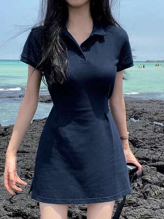 2025新款女士夏装修身休闲设计收腰纯色polo领中长连衣裙