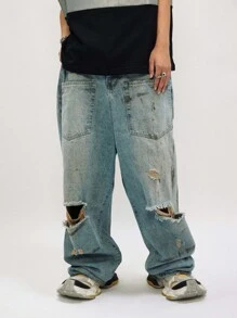OVDY 1 pieza Pantalones vaqueros holgados para hombre de exterior con diseño inverso pintado a mano desgastado con agujeros rasgados lavados - Azul - Ver 2