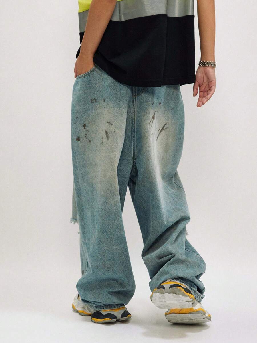 OVDY 1 pieza Pantalones vaqueros holgados para hombre de exterior con diseño inverso pintado a mano desgastado con agujeros rasgados lavados - Azul - Ver 1