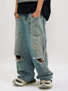 OVDY 1 pieza Pantalones vaqueros holgados para hombre de exterior con diseño inverso pintado a mano desgastado con agujeros rasgados lavados - Azul - Ver 6