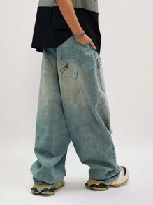 OVDY 1 pieza Pantalones vaqueros holgados para hombre de exterior con diseño inverso pintado a mano desgastado con agujeros rasgados lavados - Azul - Ver 7