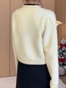 JIANHU 春季新款花卉纽扣装饰开衫，女士优雅百搭宽松针织外套 - 白色 - 查看 8