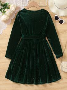 Vestido elegante novo outono para meninas pré-adolescentes, vestido de veludo com decote em V e manga comprida com laço