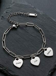 Custom Heart Pendant Bracelet Stainless Steel Jewelry Customized Multiple Names Charms Bracelets Fashion Personalized Silvery Paperclip Chain Bracelet Birthday Gift For Her Mom Girlfriend Valentines