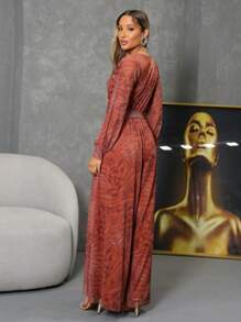 Elegant Women's Polyamide Tulle Long-Sleeve Jumpsuit With Loose Adjustment Band And Fashion - 摩卡棕 - 查看 3