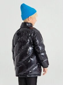 Annil Boys' Standing Collar Mid Length Down Jacket, Winter Version, Solid Color, Fashionable And Stylish Black Jacket - Black - View 2