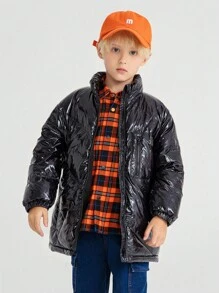 Annil Boys' Standing Collar Mid Length Down Jacket, Winter Version, Solid Color, Fashionable And Stylish Black Jacket - Black - View 1