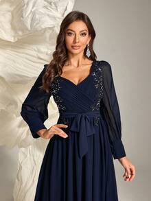 水钻细节系带伴娘礼服，优雅长袖礼服 - 寶藍色 - 查看 6