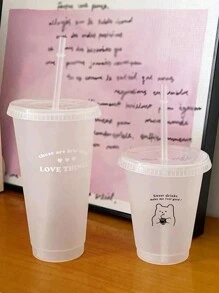 英文字母熊塑料吸管杯少女心水杯便携咖啡杯果汁杯 - 無色 - 查看 6