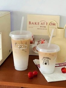 英文字母熊塑料吸管杯少女心水杯便携咖啡杯果汁杯 - 無色 - 查看 1