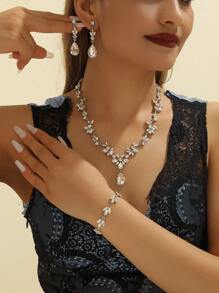 1 dây chuyền + 1 đôi bông tai + 1 vòng tay Bộ trang sức cô dâu đính đá Rhinestone sang trọng thời trang - Nhiều màu - Xem 9