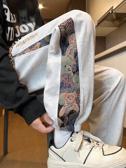 Men's Casual Random Embroidered Bear Pants, For Rave, Emo, 2000s Style