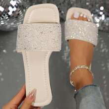 Women's Fashion Rhinestone Slide Sandals Open Summer Dressy Slippers Square Toe Slip On Flat Sandals - White - View 3