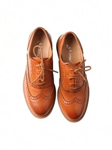 Women's Carved Leather Lace-Up Thick Heeled Single Shoes Brogue Women's Shoes - 駝色 - 查看 8