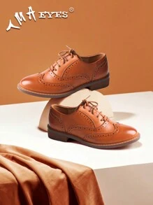 Women's Carved Leather Lace-Up Thick Heeled Single Shoes Brogue Women's Shoes - 駝色 - 查看 4