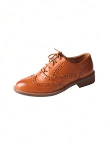 Women's Carved Leather Lace-Up Thick Heeled Single Shoes Brogue Women's Shoes - 駝色 - 查看 6