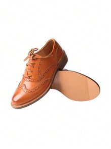 Women's Carved Leather Lace-Up Thick Heeled Single Shoes Brogue Women's Shoes - 駝色 - 查看 9