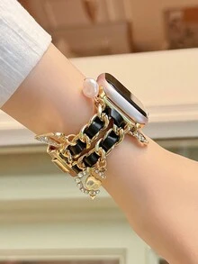 1pc Metal Links & Leather Flower & Butterfly Rhinestone Crystal Decor Watch Band,Suitable For Ultra 2 1 SE S9/8/7/6/5/4/3/2/1 Series,Gift For Women,38/40/41mm 42/44/45/49mm Smart Watch Strap,Worldwide Best-Selling New Item