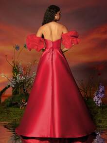 VIPGIRL Thiết kế tay áo phồng trễ vai Satin màu đỏ giúp bạn trông thon gọn và chân dài, đầm dạ hội cao cấp - Đỏ - Xem 2