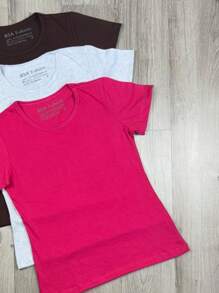 Kit 3 Basic Plain Women's T-Shirt 100% Cotton T-Shirt Blouse - 彩色 - 查看 2