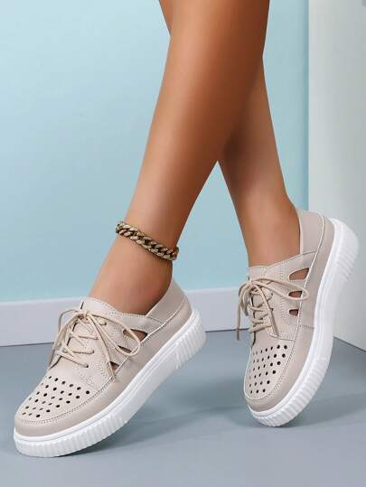 New Women Lace Up Hollow-Out Sneakers Summer Leather Round Toe Casual Platform Non-Slip Shoes