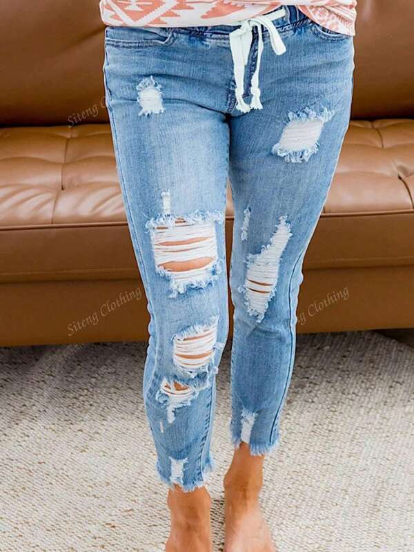 New European & American Women Casual Street-Wear Drawstring Waist Distressed Elastic Denim Long Pants