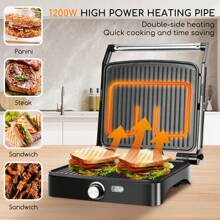 Electric Grill, Sandwich Maker And Panini Machine, Non-Stick Coating, Temperature Regulator, 180º Opening, Floating Top Plate, 1800 W - 查看 5
