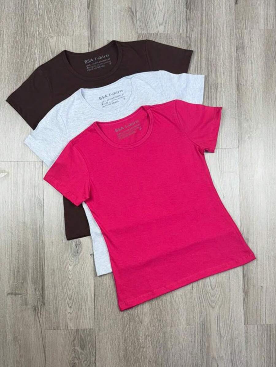Kit 3 Basic Plain Women's T-Shirt 100% Cotton T-Shirt Blouse - 彩色 - 查看 1