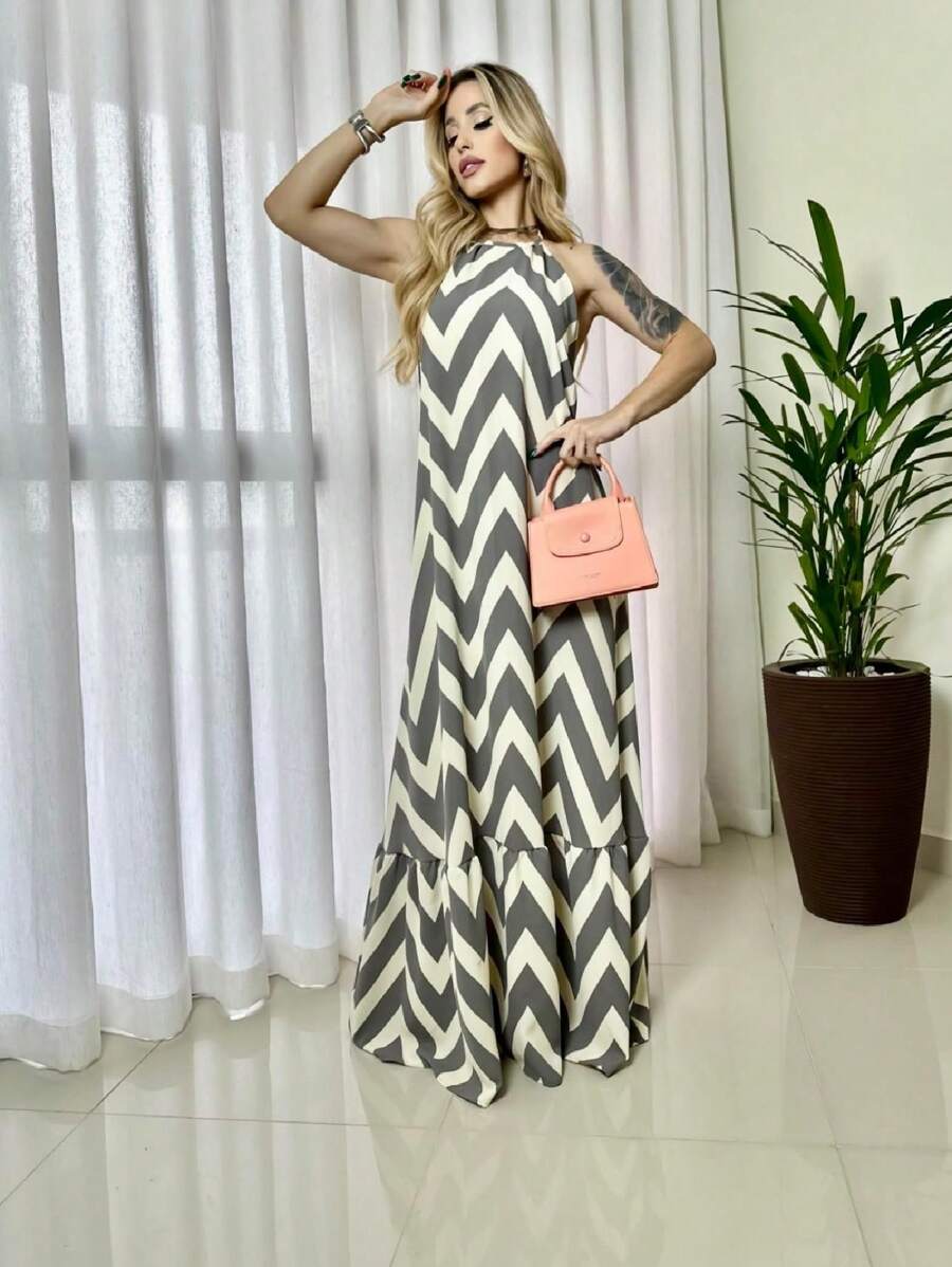 Plain/Printed Halter Long Dress - 白色/灰色之字形 - 查看 1