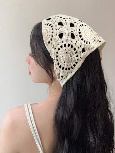 一片式法式复古头巾，女士甜美可爱钩针花朵手工针织三角围巾，适合徒步、露营等户外活动，防晒防风配饰女士