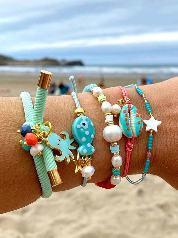 5 piezas/set Brazalete multicapa hecho a mano con concha tropical oceánica, pez, medusa para mujeres, joyería de playa de verano, diaria, de vacaciones y de fiesta