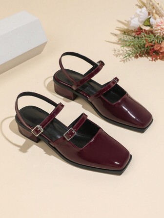 Plus Size & Wide Width Burgundy Mary Jane Shoes For Women, Square Toe, Thick Heels, Front & Rear Strap With Buckle, Fashion Ladies High Heel Pumps