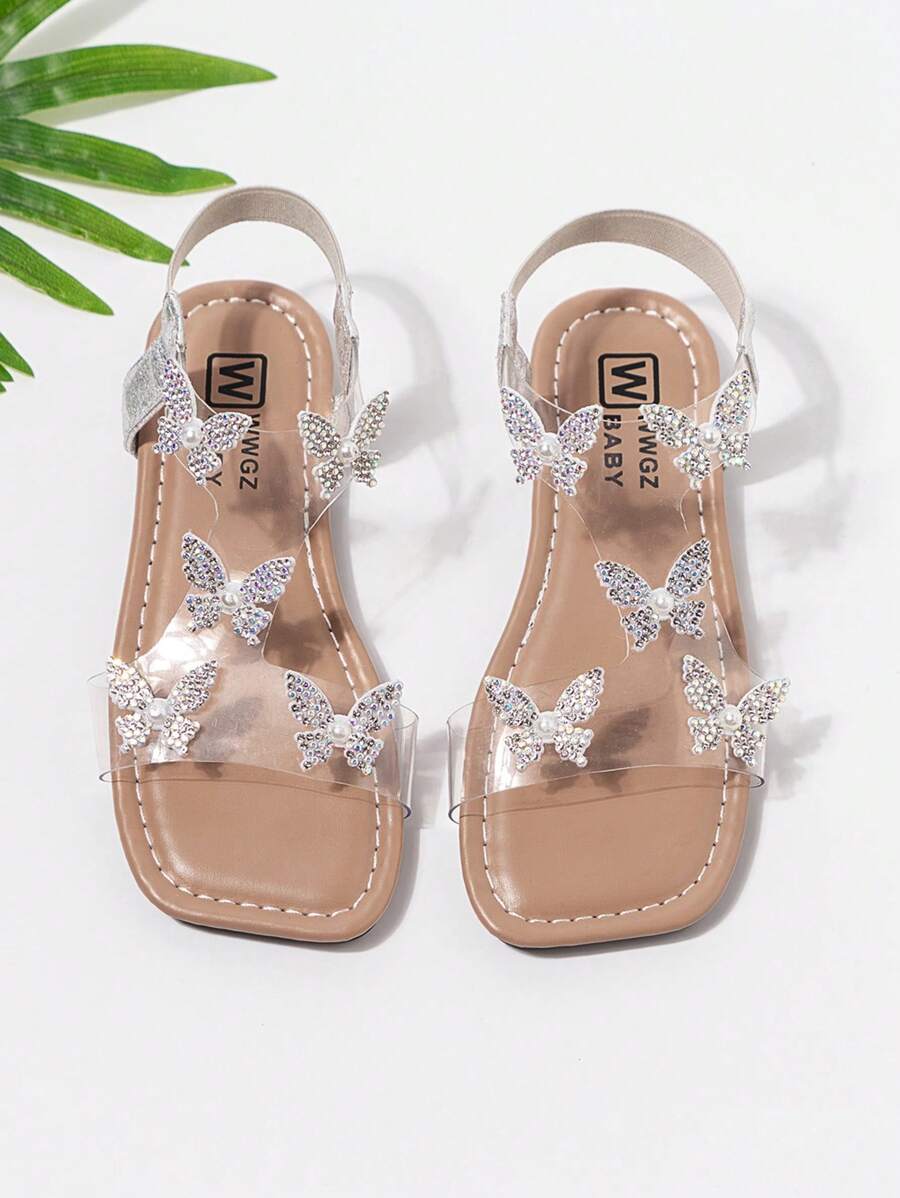 适合女孩的漂亮水钻凉鞋，新款夏季平底仙女款带裙摆，海滩度假闪亮凉鞋 - 銀色 - 查看 1