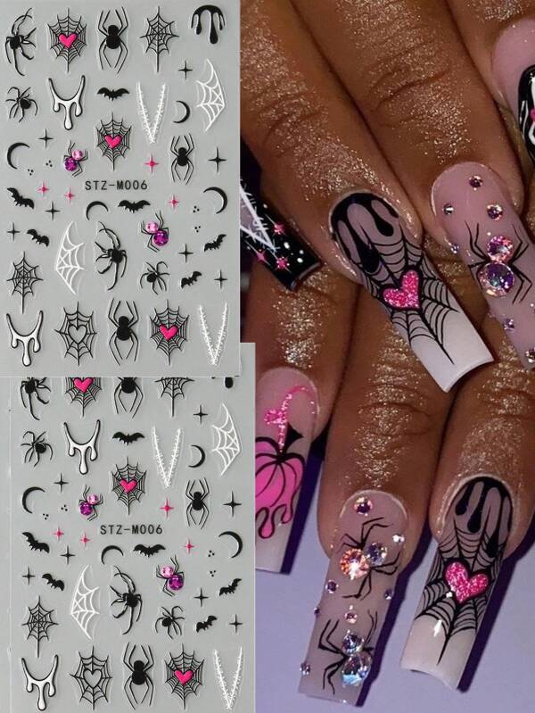 FULL BEAUTY 2pcs Halloween Dark Romantic Black White Shiny Pink Spider & Heart Spider Web 3D Embossed Nail Art Stickers Bat Star Moon Y2K Graffiti Sparkling Slider Designs Cartoon Cute Nail Decals Holiday DIY Nail Supplies Charms Decorations